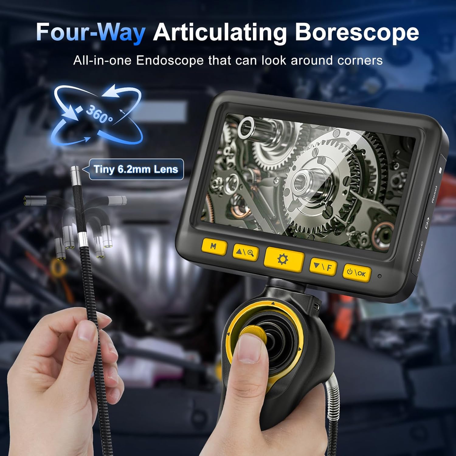 360°Articulating Borescope Camera - JESERAL 5" HD 1080P Inspection Camera Screen with 6 Light, Endoscope with 6.2mm IP67 Waterproof Probe, 3X Zoom 4-Way Borescope Engine with 1M Flexible Cable