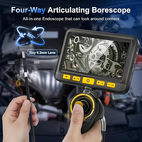 360Articulating Borescope Camera - JESERAL 5 HD 1080P Inspection Camera Screen with 6 Light, Endoscope with 6.2mm IP67 Waterproof Probe, 3X Zoom 4-Way Borescope Engine with 1M Flexible Cable