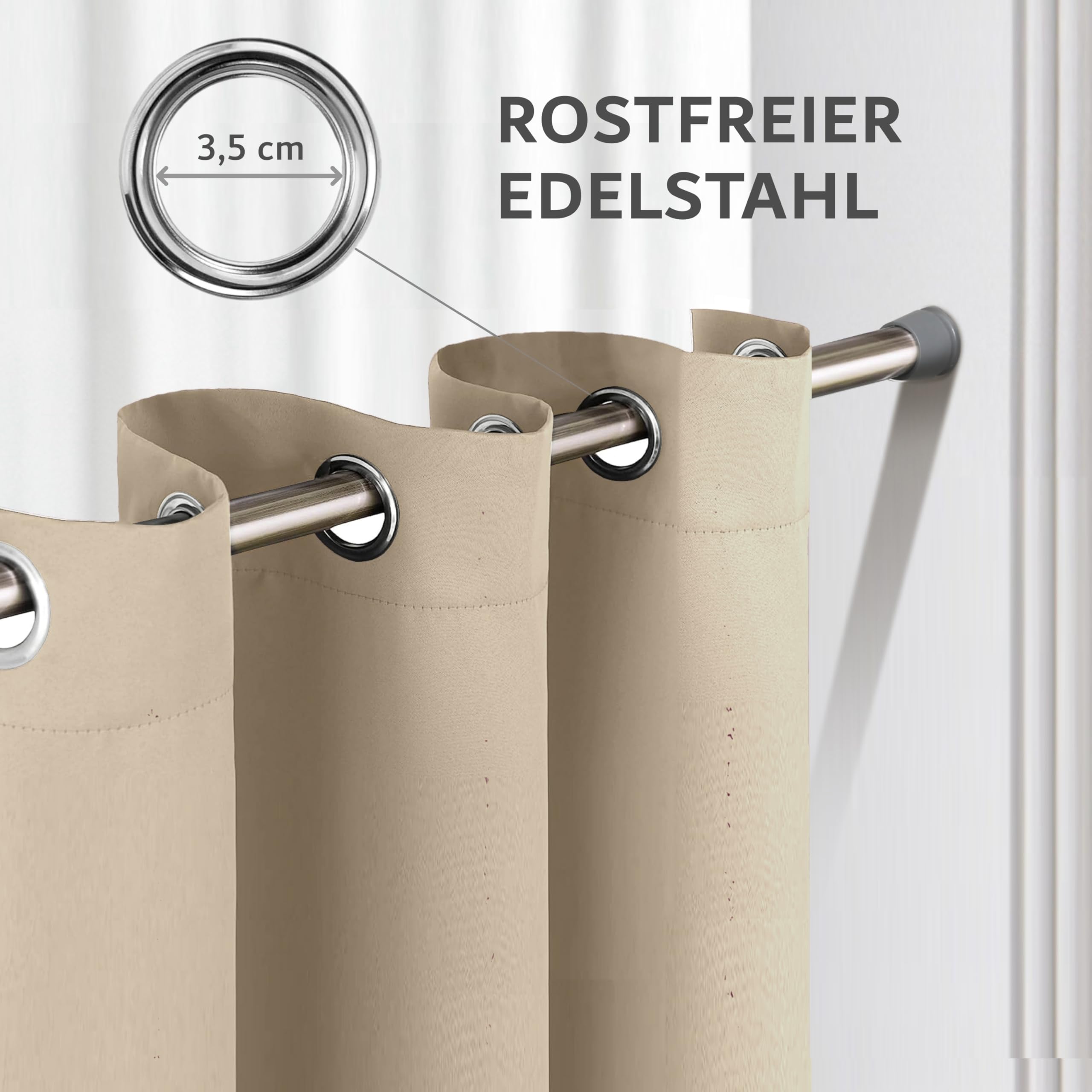 Praktisches Set ohne Bohren: 2x Vorhang + 1x Klemmstange silber 70-120 cm + 2x Raffhalter mit Magnet blickdicht & verdunkelnd, als Raumteiler, Fenster & Tür Beige Thermovorhang 220x135cm