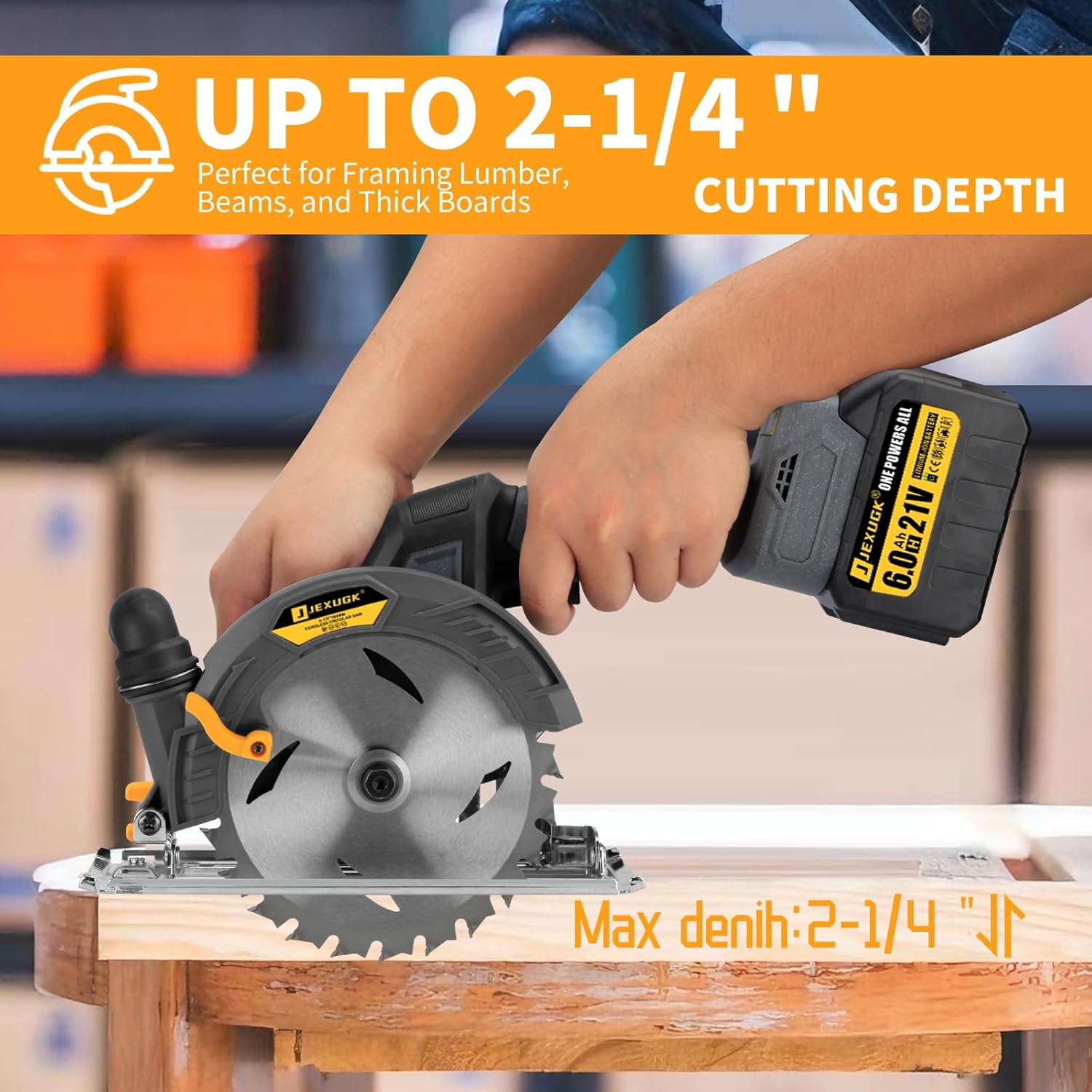 JEXUGK 6-1/2" Circular Saw, Cordless Sierra Circular Inalambrica with 2 x 6.0AH Battery,Brushless Electric Power Circle Saw with 3 Blade Cutting Precise Wood for Max Cut Depth 2-1/4"(90°)1-7/16" (45°)