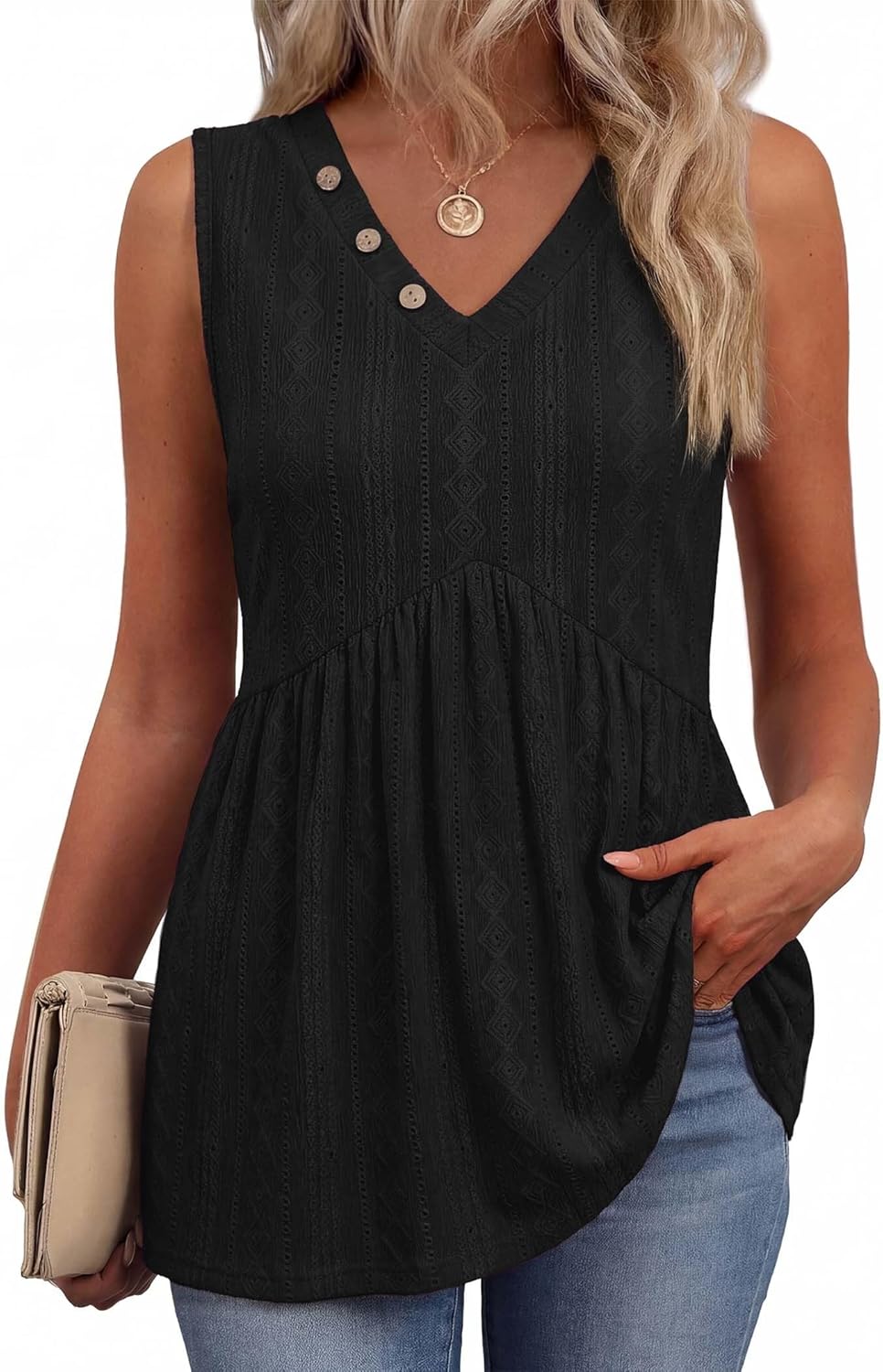 OFEEFAN Womens Tank Tops 2026 Boho Fashion Clothing Flowy Peplum Top Button Down Sleeveless V Neck Babydoll Tank Top