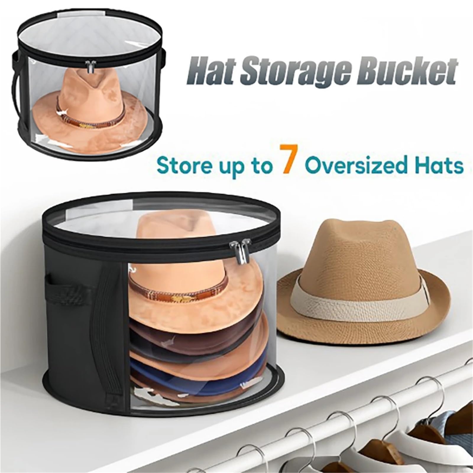 SNRTKA Hat Storage Box Hat Storage Bucket, Clothing Hat Travel Organizer, Foldable Round Brim Hat Storage Bag with Handle and Clear Window for Hat(Gray)