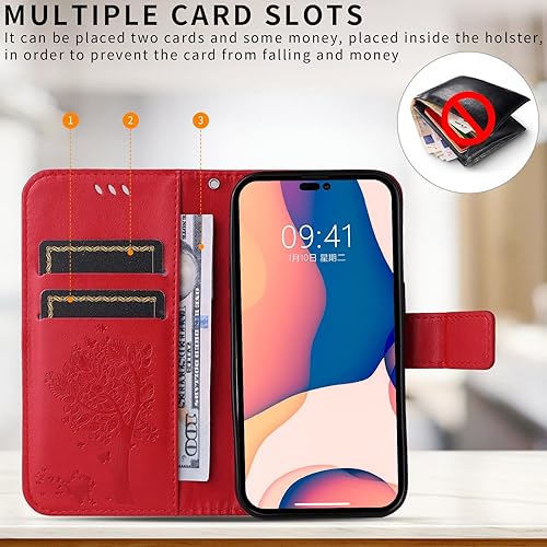 Miniatura 3 de Funda tipo cartera compatible con iPhone 15 con tarjetero, piel sintética con función atril para mujeres y hombres, con diseño de árbol y gato en