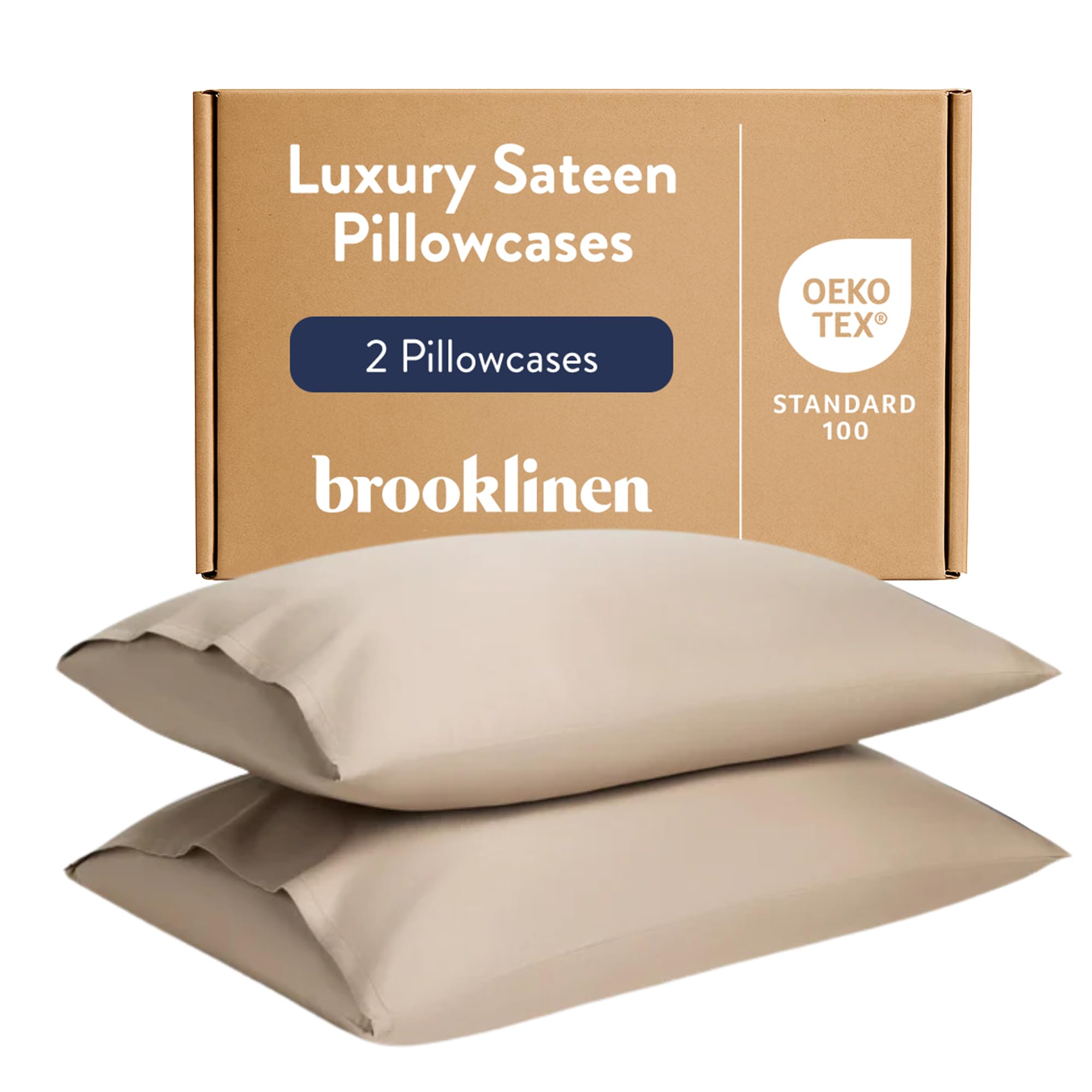 BrooklinenLuxury Sateen Pillowcases - Set of 2, 100% Long Staple Cotton with Envelope Closure, Smooth Fabric, Soft & Durable, Machine Washable - Standard Size (Pebble)
