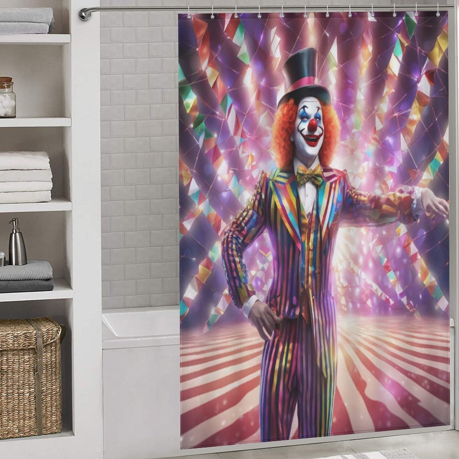 Rideau de douche étanche et lavable au motif clown de cirque pour une baignoire toujours au sec