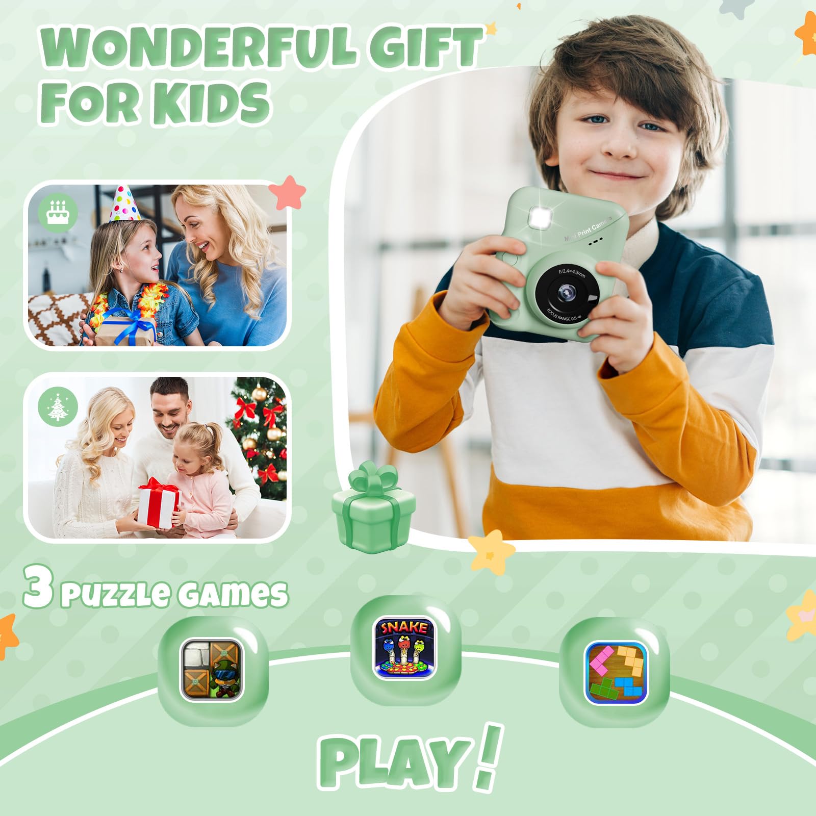 CalineGam Camara Fotos Infantil Instantanea, 3,0'' Pantalla HD 48MP Cámara Instantánea Niños con Tarjeta de 32 GB, 1080P Camara Infantil Digital Niños, Regalo para Niños y Niñas 3 a 12 Años (Verde)