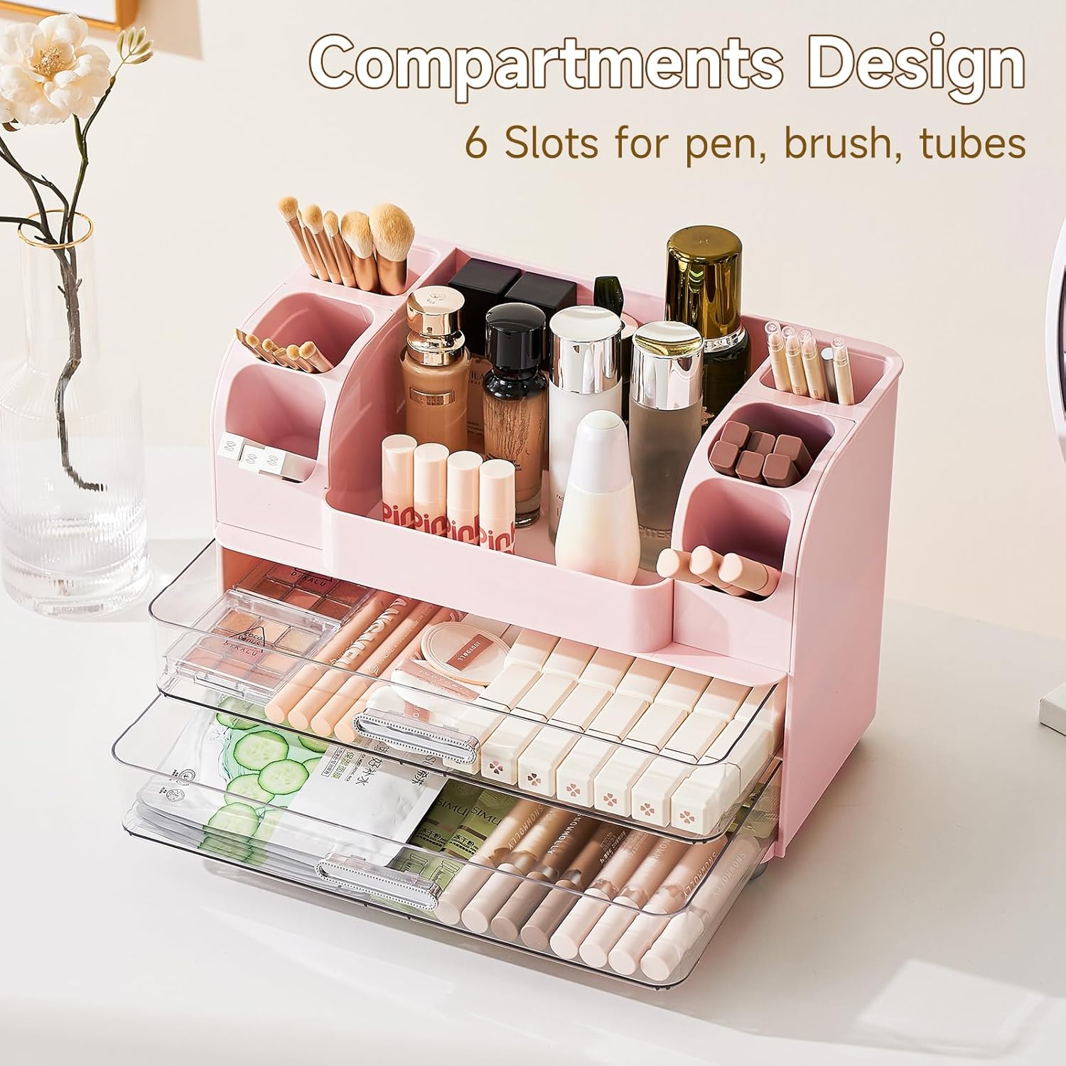 Makeup Organizer for Vanity with 2 Large Drawers, Cosmetic Display Case with Brush Holders, Easy to Storage for Bathroom Countertop Skincare, Desk Office Supplies, Pink