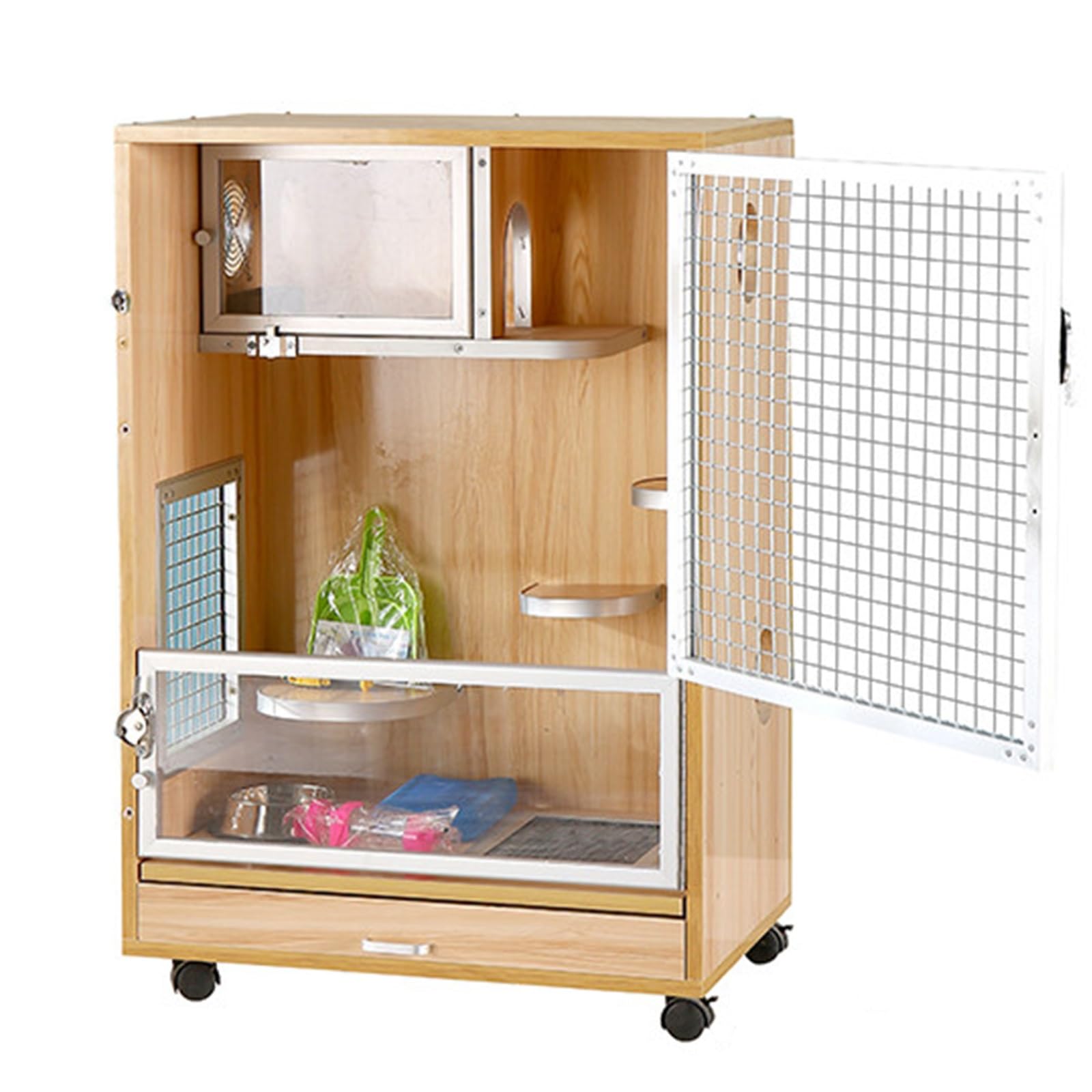 Jaula para Chinchilla, Jaula para Animales Pequeños, Jaula Caseta Madera Hámster Roedores con Puertas Delanteras/Tazón De Comida/Botella De Agua/Bandejas Deslizables/Ruedas Giratorias(60 * 40 * 80cm)