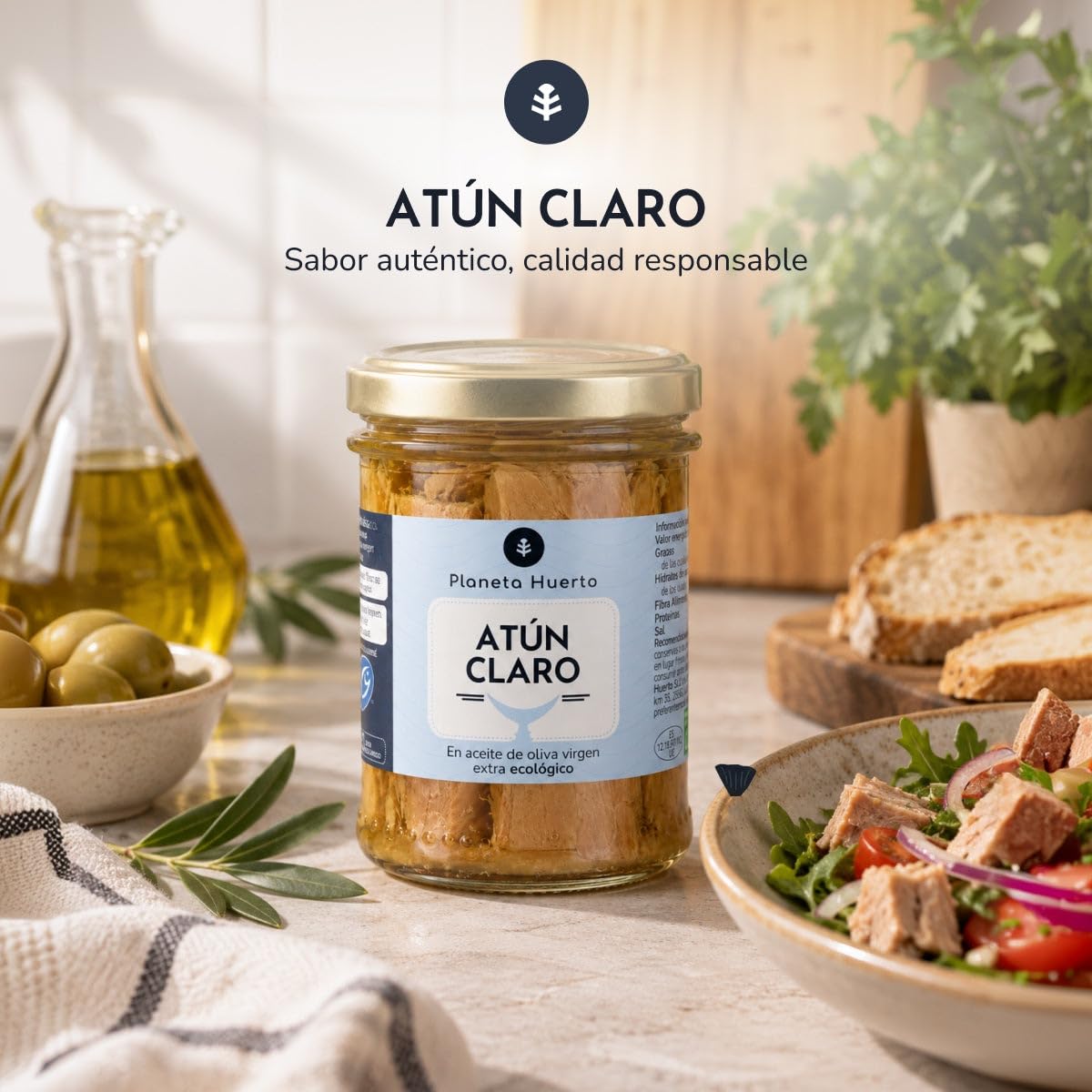 PLANETA HUERTO | Pack 6x Atún Claro MSC en Aceite de Oliva Virgen Extra ECO 200 g - Thunnus Albacares, Pesca Sostenible Certificada, 130 g Escurrido, Sin Aditivos ni Conservantes, Tarro de Cristal