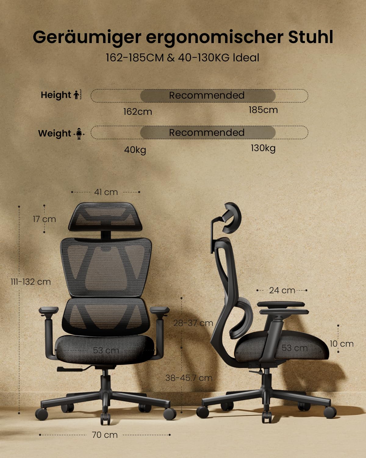 ProtoArc EC100 Ergonomischer Bürostuhl – Computer-Schreibtischstuhl mit 10 cm dickem Federkissen, Lendenwirbelstütze, Verstellbarer Armlehne & Kopfstütze, Mesh-Drehstuhl für Home-Office, Schwarz