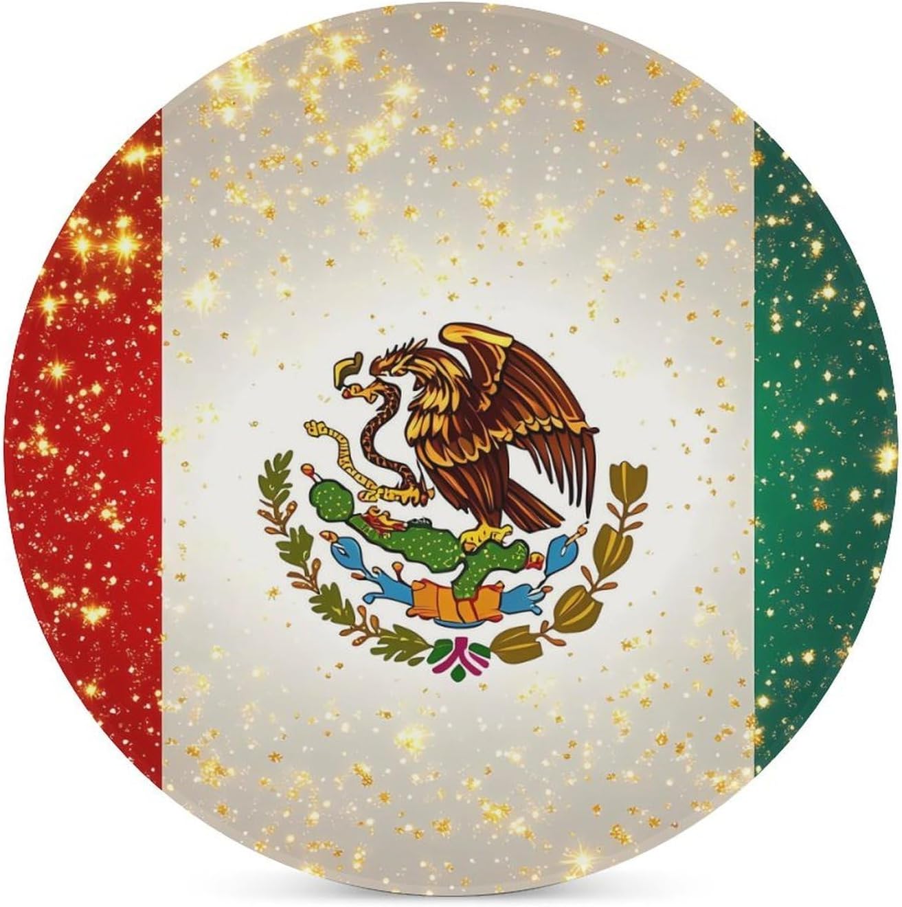 Glitter Mexican Flag Round Ceramic Coasters Print Drinks Absorbent with Cork Base for Home Decor Gifts 4 Inch