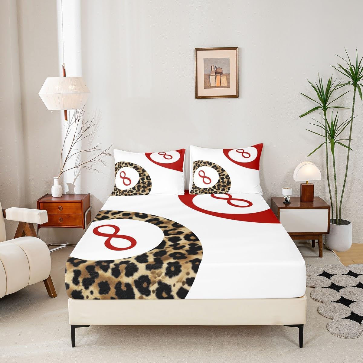 Manfei Lucky 8 Ball Bed Sheets Queen Size,Leopard Funky Y2K Coquette Bedding Set, Preppy Cheetah Trendy Boys Girls Room Decor,White Red Brown Sheet(Fitted+Flat+2 Pillowcases)