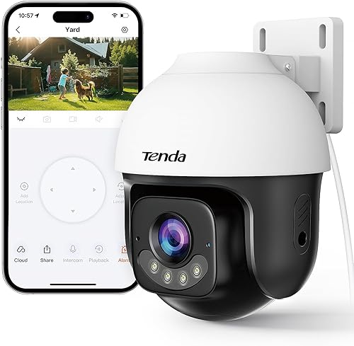 Miniatura 10 de Tenda Cámara para exteriores Wi-Fi 2K+2K, cámara de vigilancia PTZ de 360° con lente dual, seguimiento automático FHD, IP65 impermeable, visión