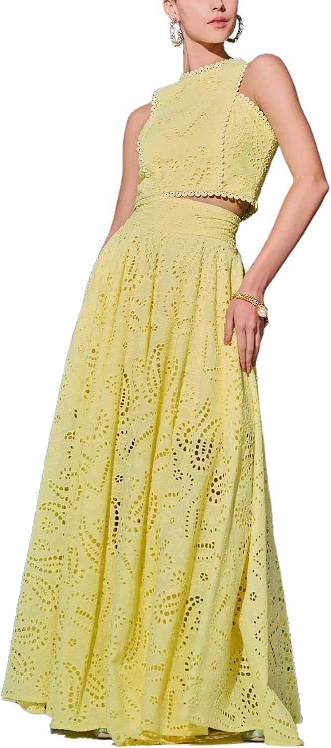 Melliflo Women's Summer 2 Piece Outfits Crop Tank Tops Long Skirt Set Sleeveless Maxi Dress Nightclub Party Dress with Pocket