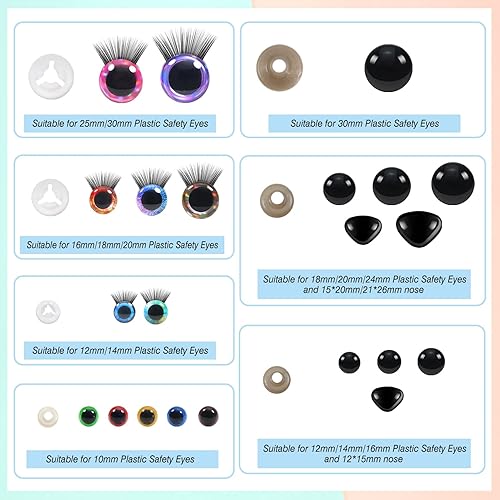 Miniatura 5 de TOAOB - 100 ojos y narices de seguridad con arandelas de 0.39 a 1.18 pulgadas con purpurina, ojos y pestañas de seguridad de plástico colorido para