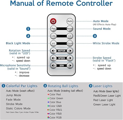 Miniatura 7 de Luces de DJ con soporte, juego de luces de barra de fiesta 5 en 1 con bola giratoria, estroboscópica, UV, luz LED colorida par y patrón, sistema de