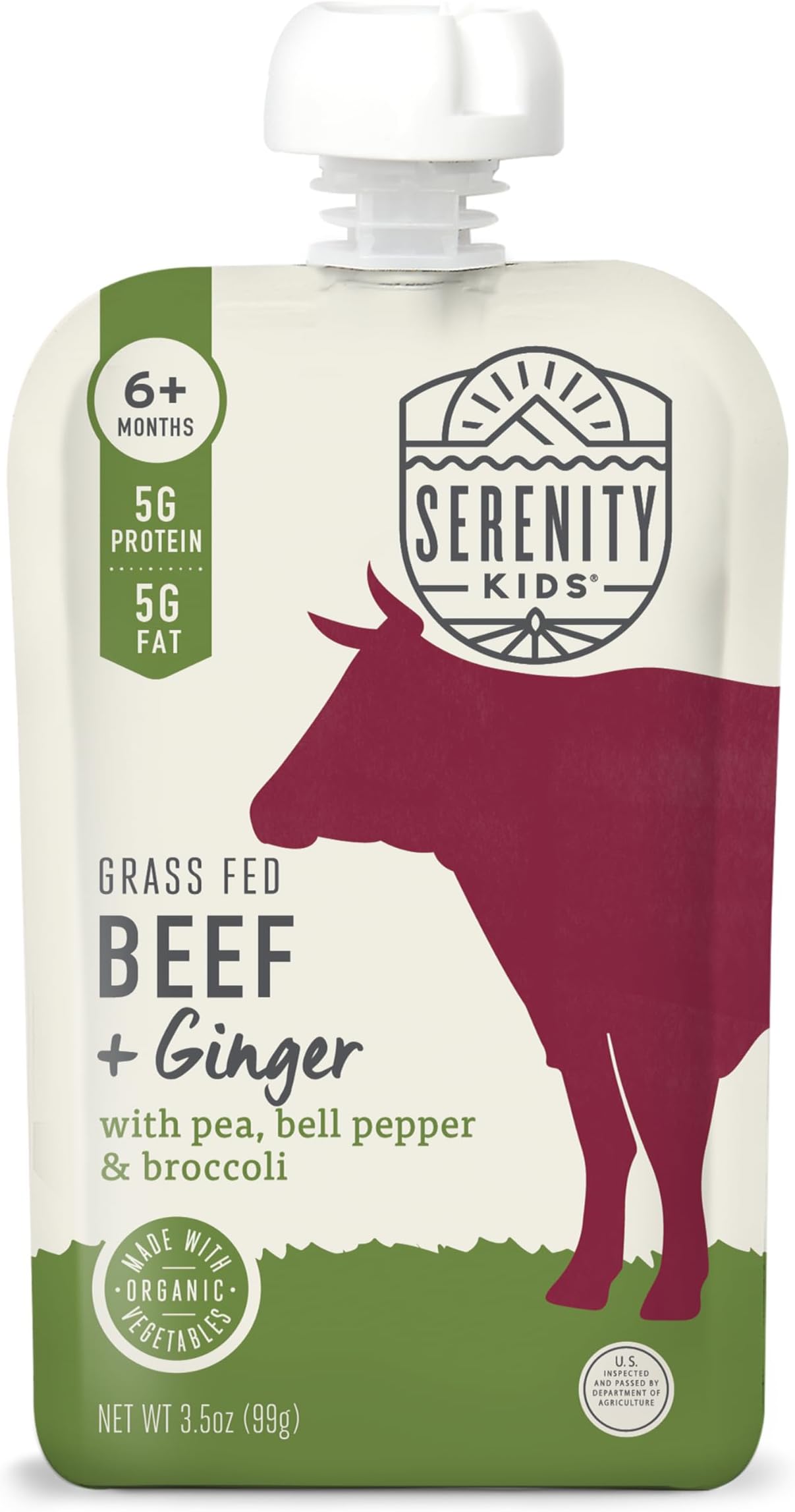 6+ Months Baby Food Pouches Puree Made With Ethically Sourced Meats & Organic Veggies | 3.5 Ounce BPA-Free Pouch | Grass Fed Beef & Ginger, Pea, Bell Pepper, Broccoli | 1 Count