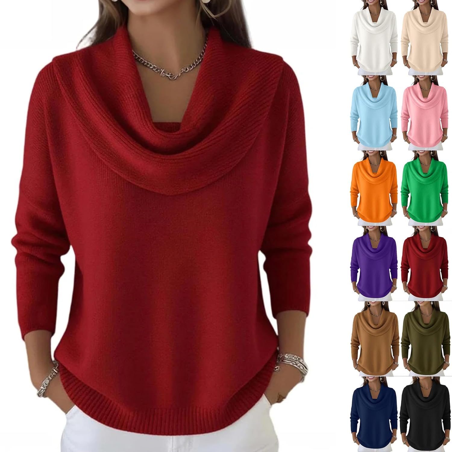 Cowl Neck Sweater for Women Elegant Long Sleeve Cozy Pullover Sweaters Dressy Casual Loose Chunky Knit Sweater Tops