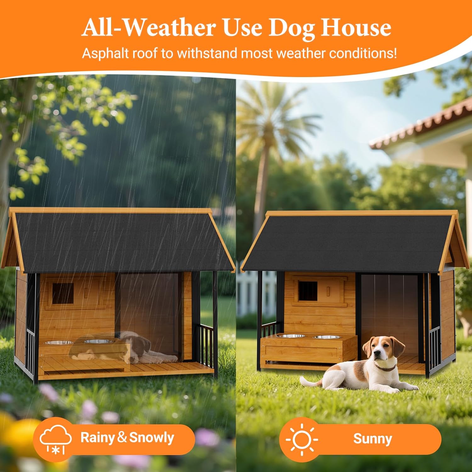 Dog House with Dog Bowls Stand, Large Outdoor Dog House Kennel, Easy to Install, Design with Weatherproof Roof and All-Around Iron Frame for Outside Small Medium Large Breed Dogs(Brown)
