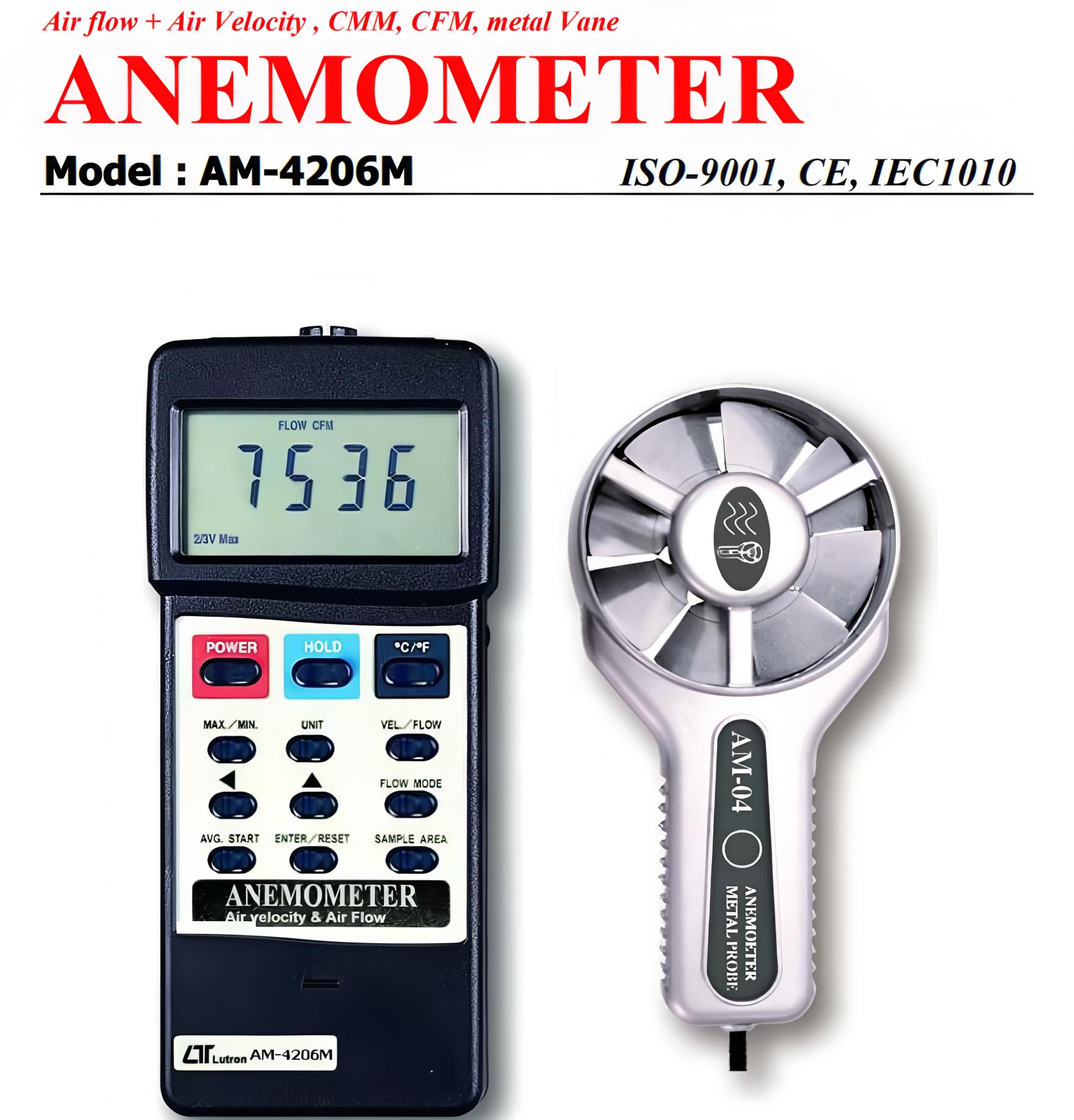 i-POOK DIGITAL ANEMOMETER AM-4206M with Temp. Measurement 0 to 80°C RS232 interface accurate and reliable measurements for air flow, air velocity, and air temperature made in Taiwan