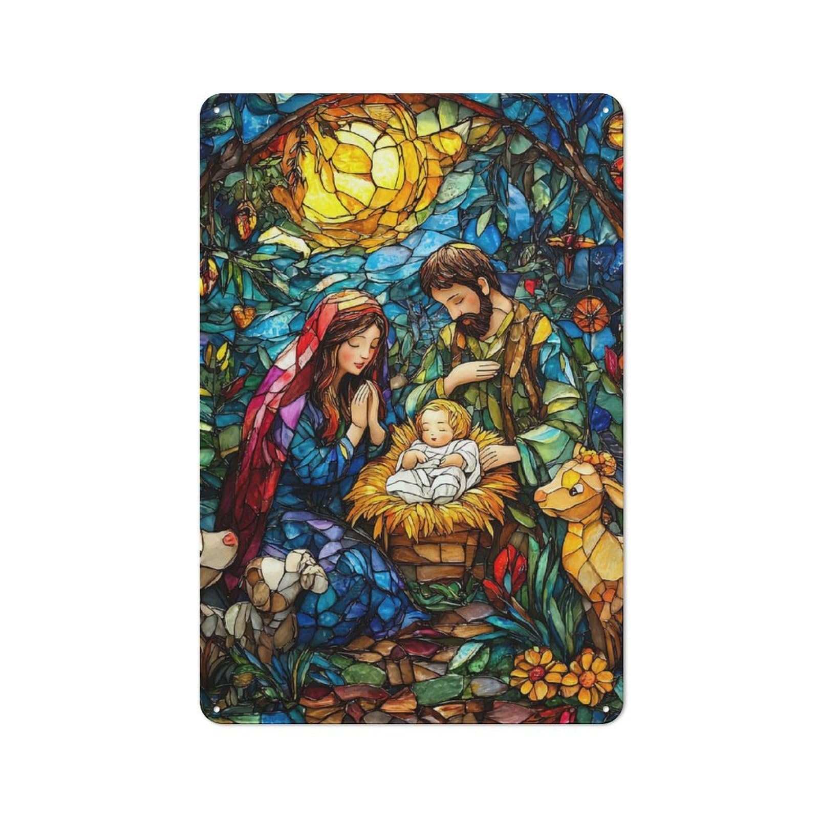 Junmoney Nativity Scene Stained Gla Metal Wall Sign 30X20cm, Retro Decor For Pub Or Café, For Vintage Wall Decor Fans, For Garage And Workshop Walls