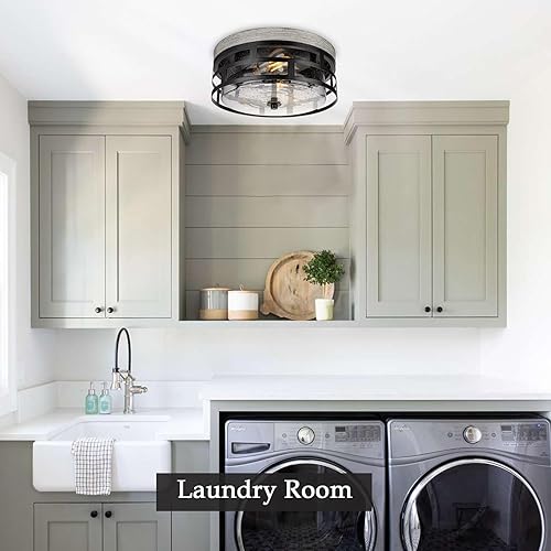 Miniatura 8 de ROS61A WD - Lámpara de techo de montaje empotrado, 12 pulgadas, 2 luces, moderna, rústica, cerca del techo, con vidrio sembrado, para dormitorio,