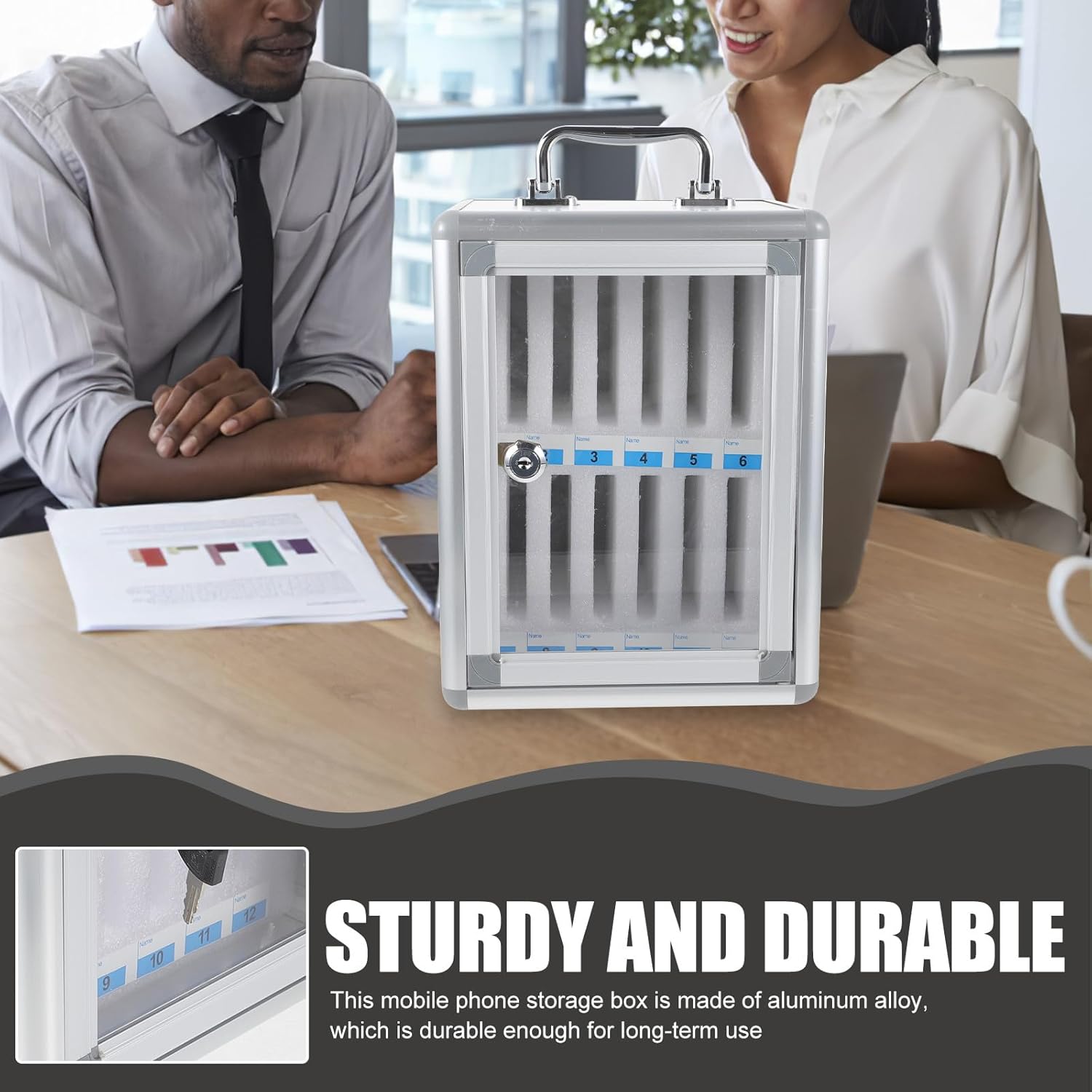 Milisten Cellphone Locker Box 12-Slot Phone Storage Cabinet with Handle and Lock for Office, School, and Meeting Room Phone Management
