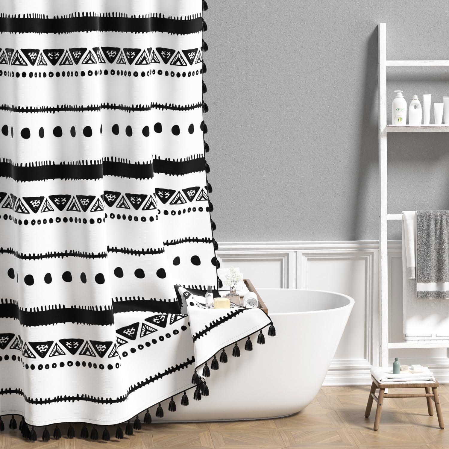 Photo 1 of [DIRTY] AOFOTO Boho Shower Curtain Black Striped Geometric Pattern Shower Curtains for Bathroom Tassel Bohemian Shower Curtain Modern Bathroom Home Decor with Hooks Waterproof 36x72 Inches
