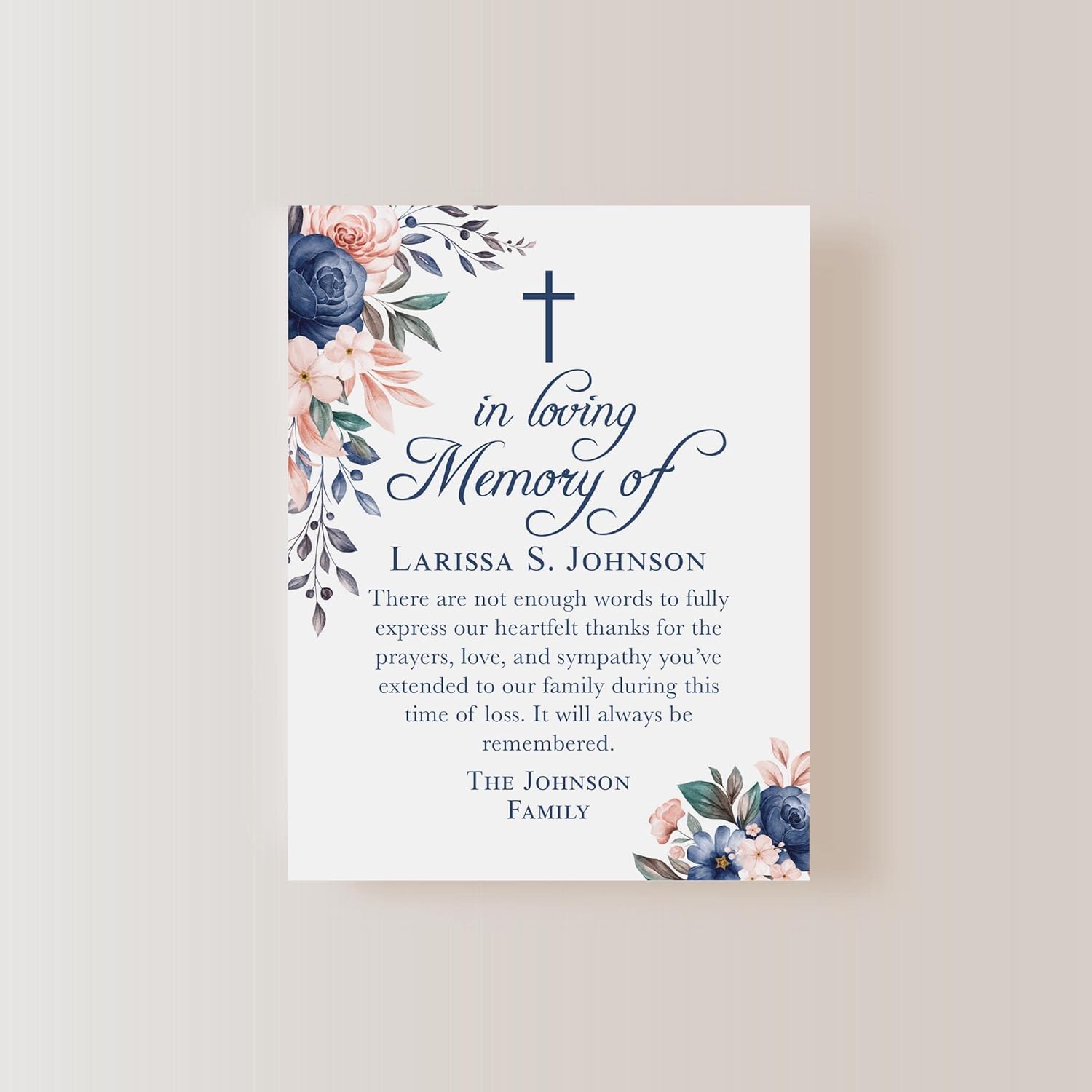 Navy Blue Floral In Loving Memory Funeral Thank You Cards with Cross, Personalized Sympathy Acknowledgement Cards, 4.25x5.5 Flat Bereavement Notes with Envelopes