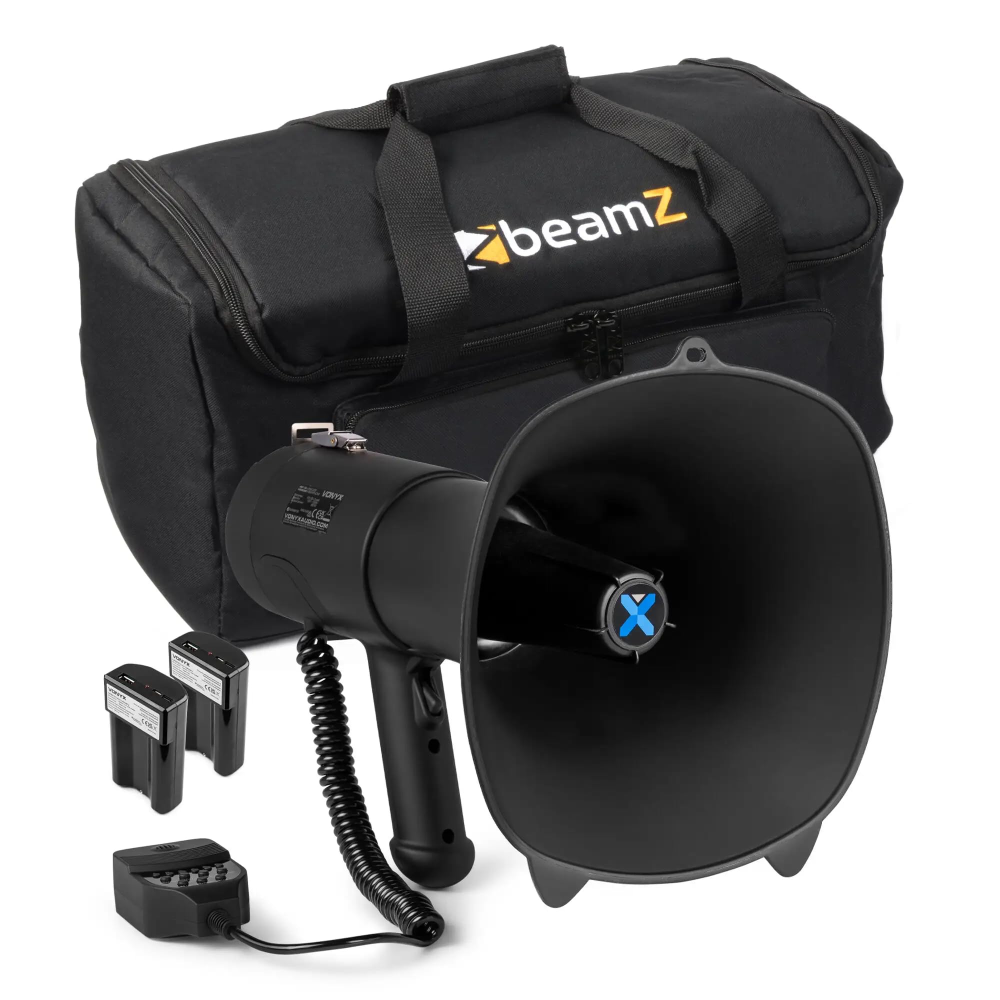 VONYX MEG090 Pack Mégaphone 90W - avec 2X Batteries Rechargeables MRB12 et Sac de Transport, Portée 1,4 km, Micro Main, Bluetooth & Lecteur MP3, Idéal pour Manifestations et Matchs Sportifs