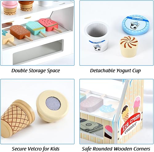 Miniatura 5 de Juguetes de helado de madera para niños, juguete de simulación para niños pequeños, accesorios de cocina con cucharada, menú y dinero falso, juego
