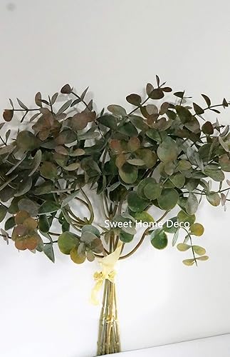 Miniatura 7 de Ramo de eucalipto sintético de 14 pulgadas, eucalipto artificial, tallo único, diseño floral, juego de 2 (color verde polvoriento)