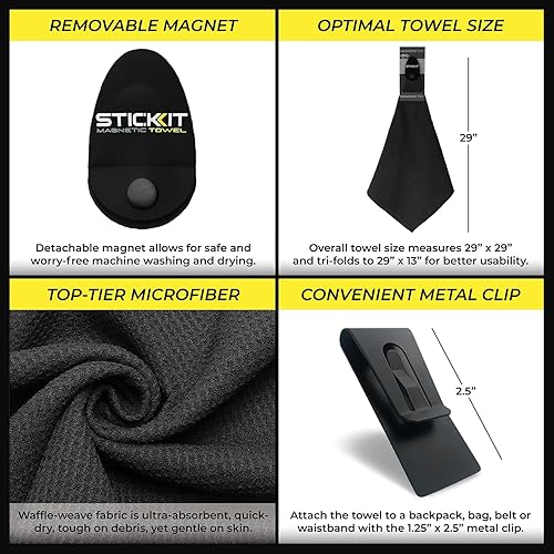 Miniatura 8 de STICKIT Toalla deportiva magnética, color gris, toalla de microfibra de primer nivel con bolsillos profundos de gofre, imán potente para una