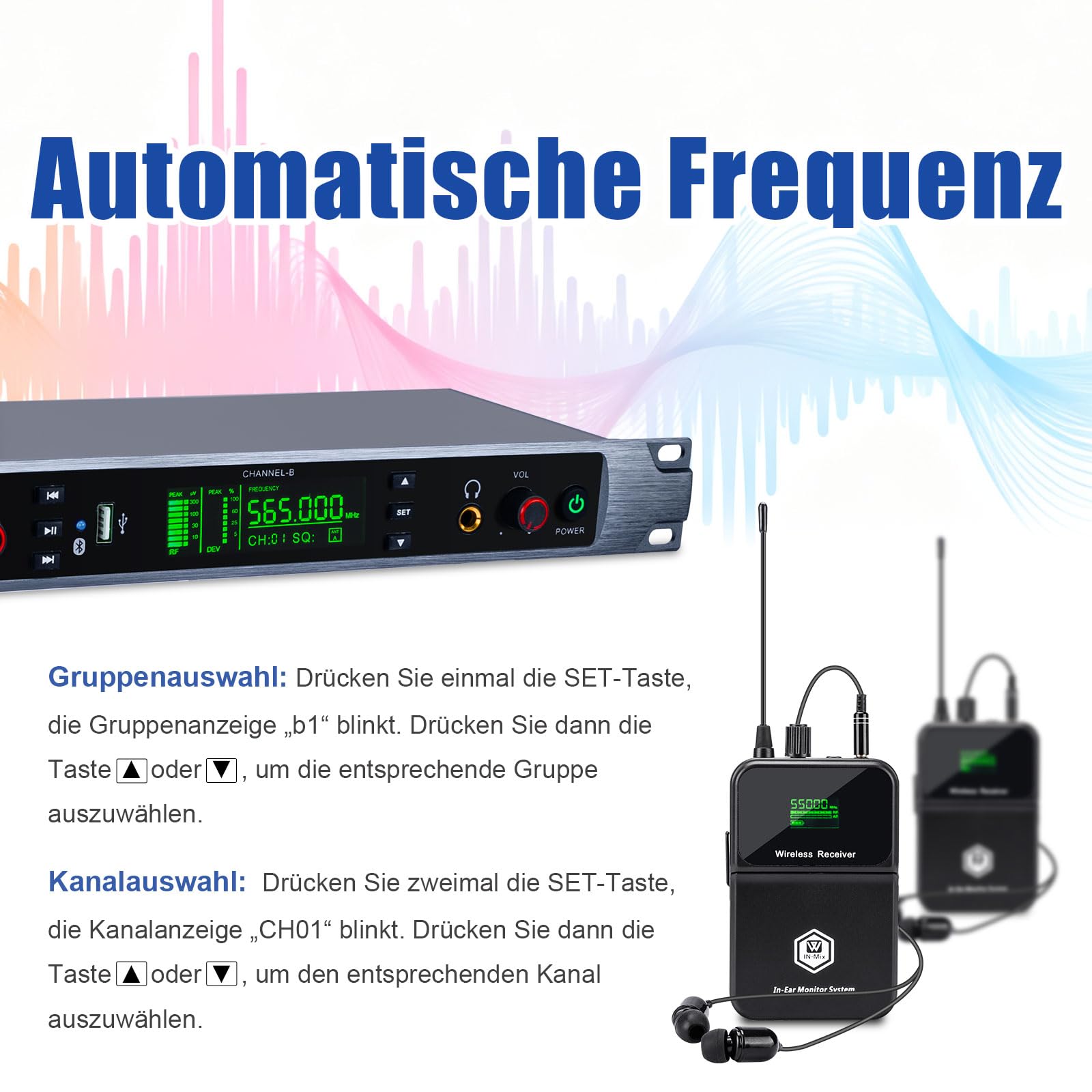 EM200 UHF Kabelloses In-Ear-Monitorsystem 2 Kanal mit 6 Körpersendern – IEM System für Musiker, Bühne, Bandprobe, Live Auftritt, Studio und Kirche