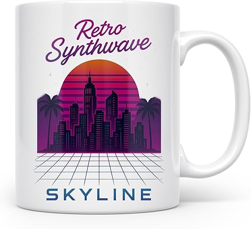 Miniatura 2 de Neon Synthwave Skyline - Taza de cerámica de 11 onzas, degradado de atardecer de paisaje urbano de neón de los años 80, accesorio de escritorio para