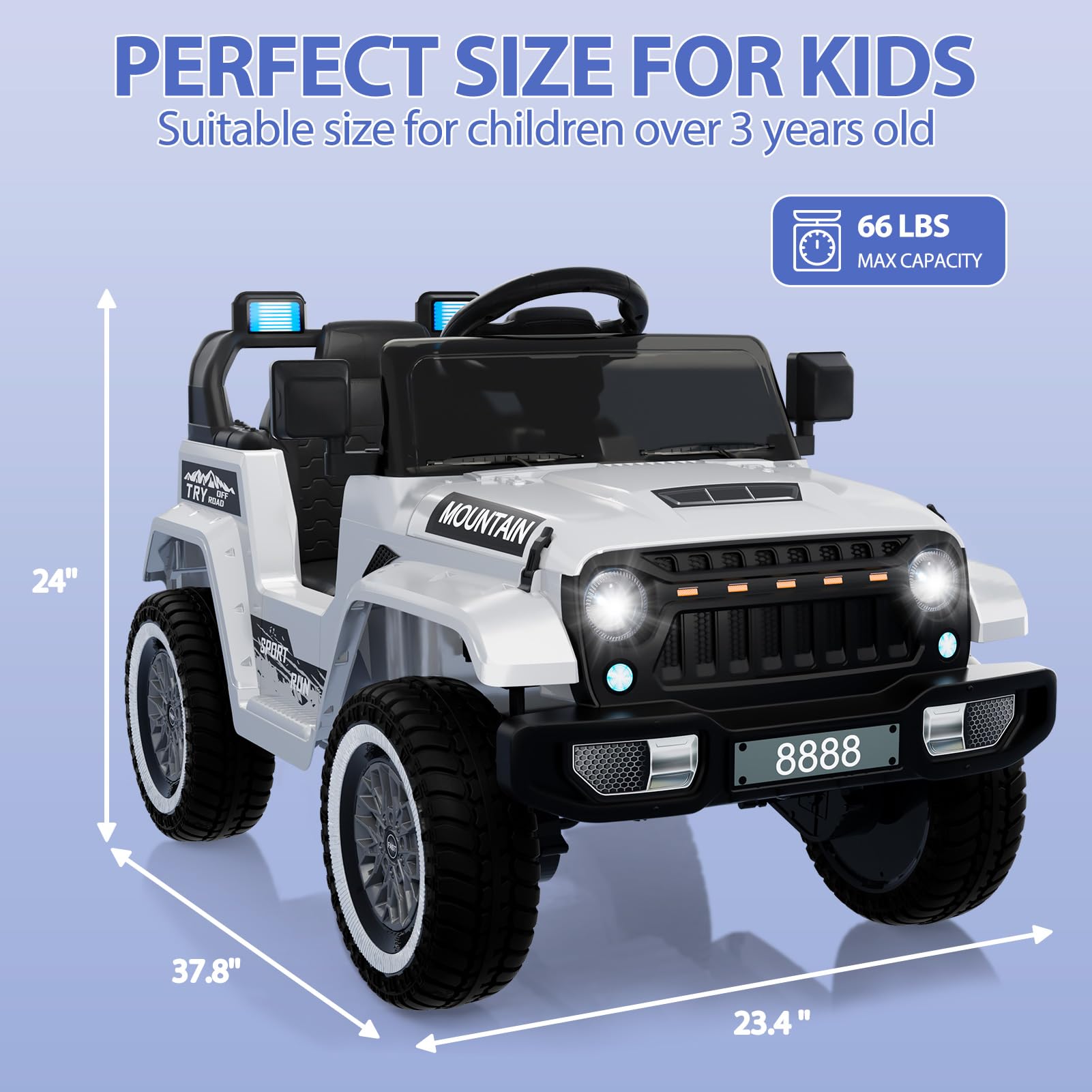 Kids Ride On Truck Car, 12V Battery Powered Electric Vehicles for Kids with Remote Control, 3 Speeds, Led Lights, Music, Ride On Toy Car for Boys Girls, White