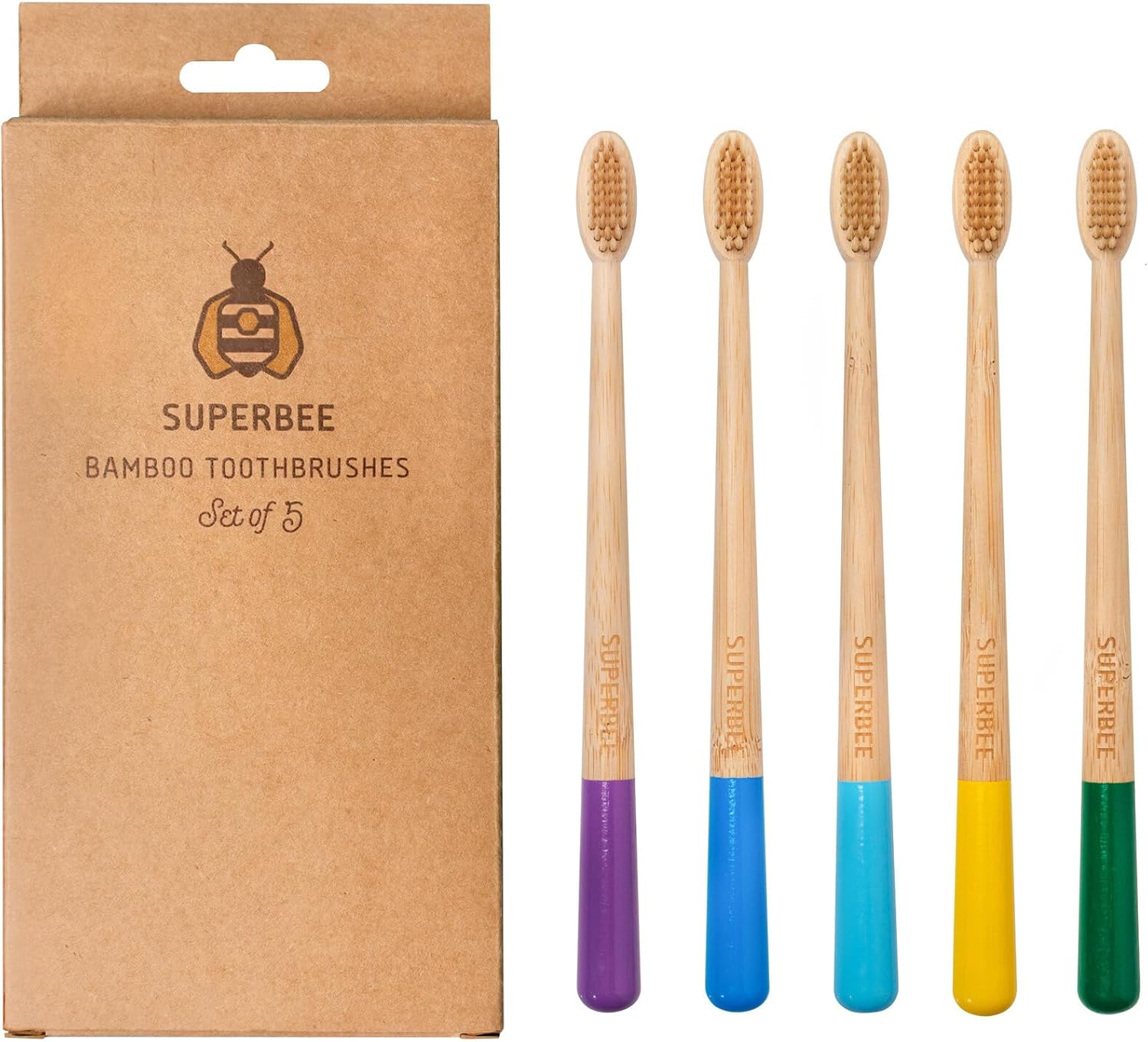 Superbee Biodegradable Bamboo toothbrushes – 5 Pack – Soft bristles for Adults & Kids’ Teeth with Colorful Handles – Eco-Friendly Natural Bamboo toothbrushes – Zero Waste Travel Toothbrush Kit