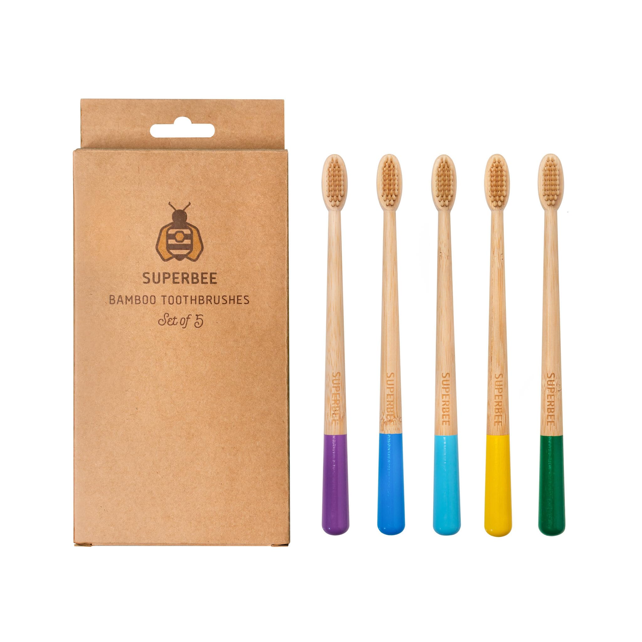 Superbee Biodegradable Bamboo toothbrushes – 5 Pack – Soft bristles for Adults & Kids’ Teeth with Colorful Handles - Eco-Friendly Natural Bamboo toothbrushes – Zero Waste Travel Toothbrush Kit