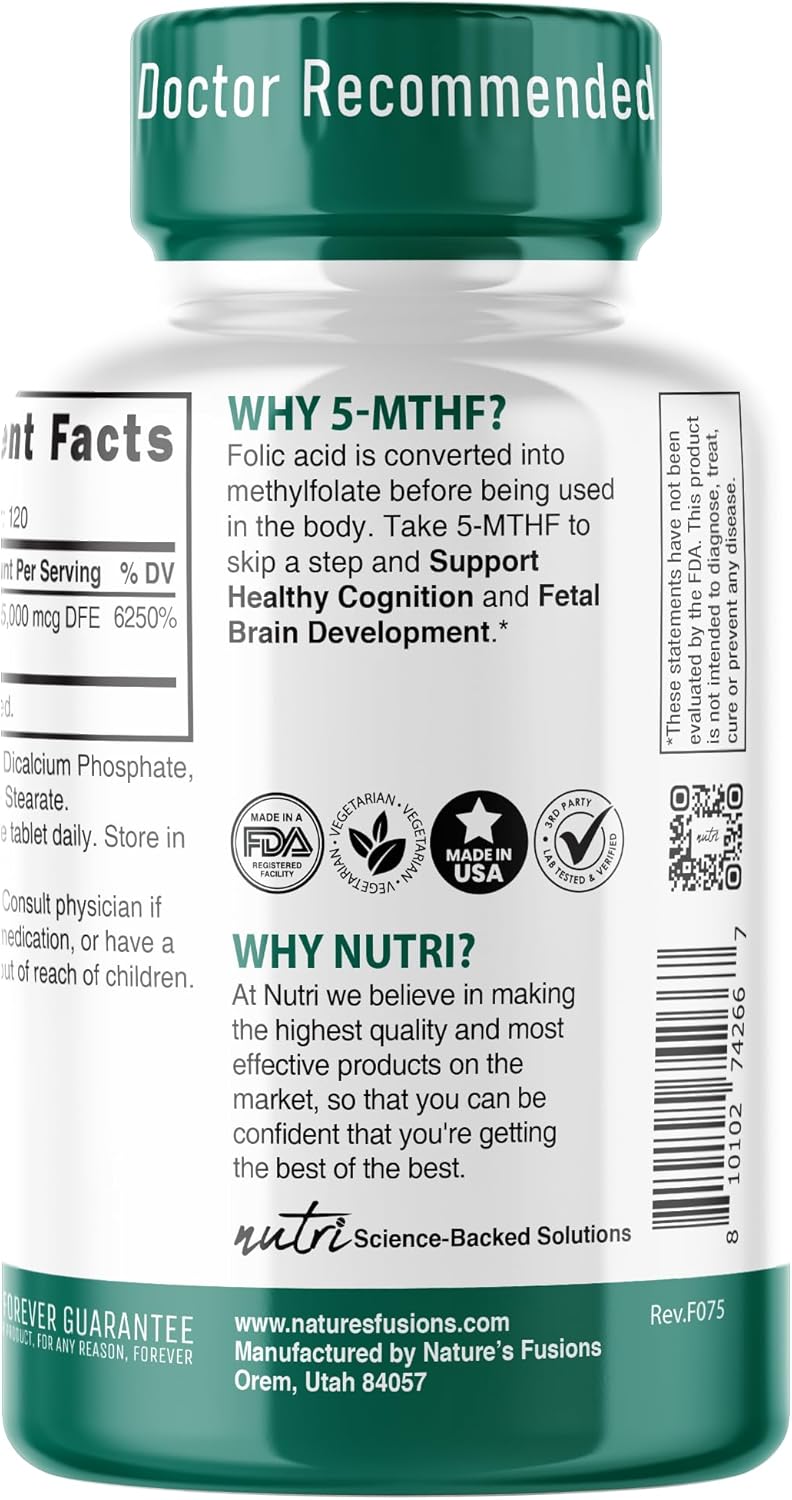 Nutri 5-MTHF L Methylfolate 15MG - 4 Month Supply, 120 Vegan Tablets - Methylated Folate Supplement - Cognitive Function, Heart Health, Prenatal Support - 3rd Party Tested - NSF Certified Facility