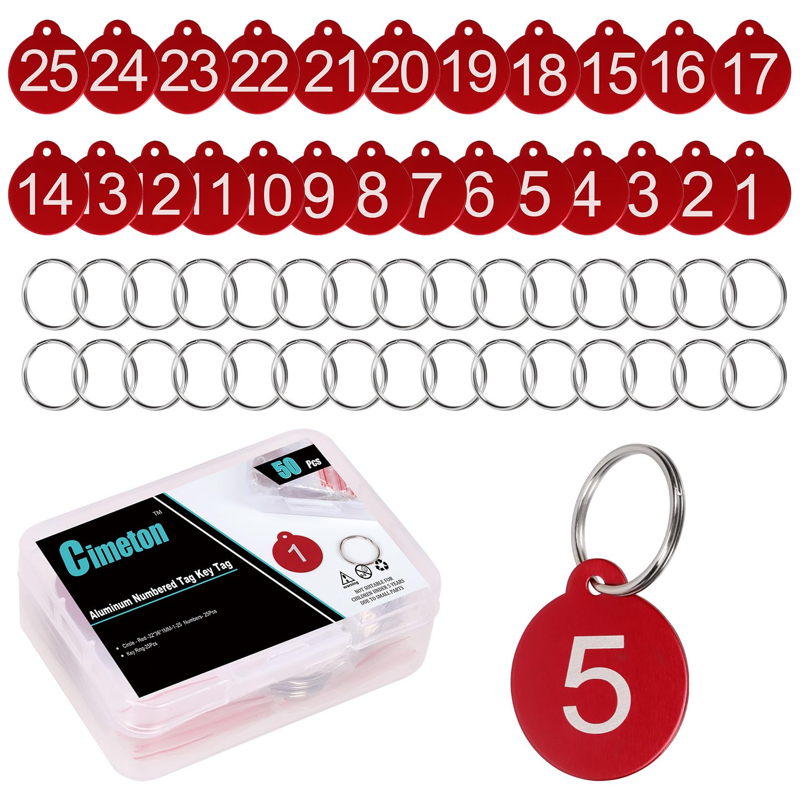 Cimeton 25PCS Outer Hole Circle Numbered Key Tags Marking Hang Luggage Labels with Rings Aluminum Alloy Metal Number Tags for Decoration