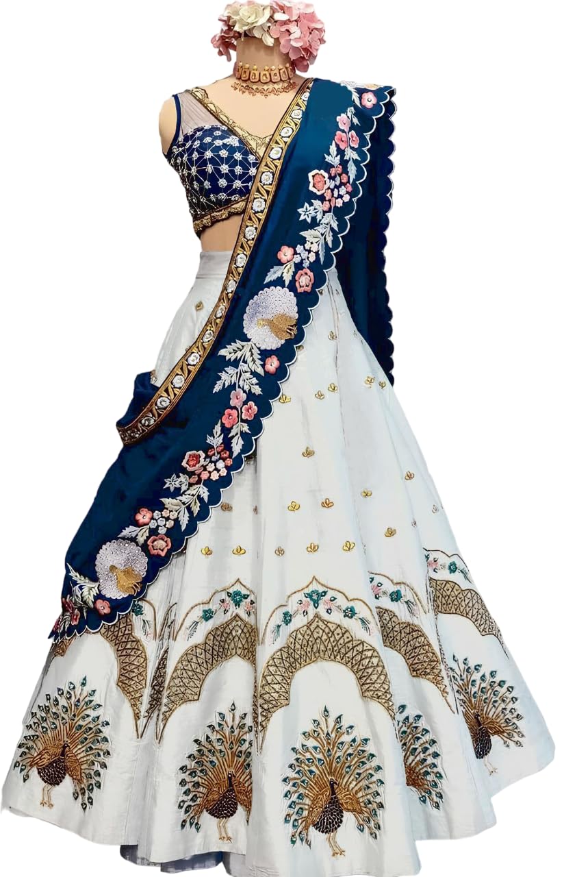 shyamlata Women's Satin Silk Embroidery Work Lehenga Choli With Dupatta(New-Bridal-Latest-Wedding-Lehenga-White,Free size)-picture-30