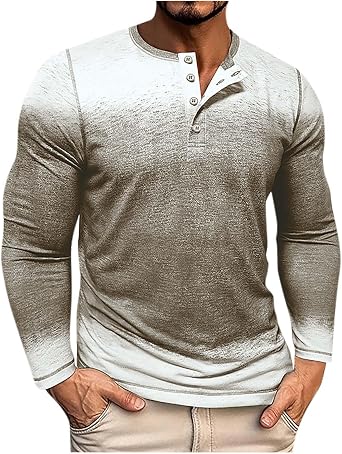 Mens Big and Tall Shirts Vintage Gradient Long Sleeve Crew Neck Button Down Shirt Lightweight Regular Fit Tshirt