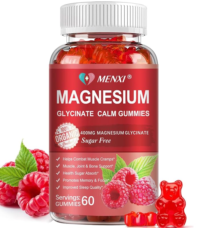 MENXI Suplemento de Magnésio em Gomas, Glicinato de Magnésio 400 mg + Malato de Magnésio 200 mg, 60 gomas