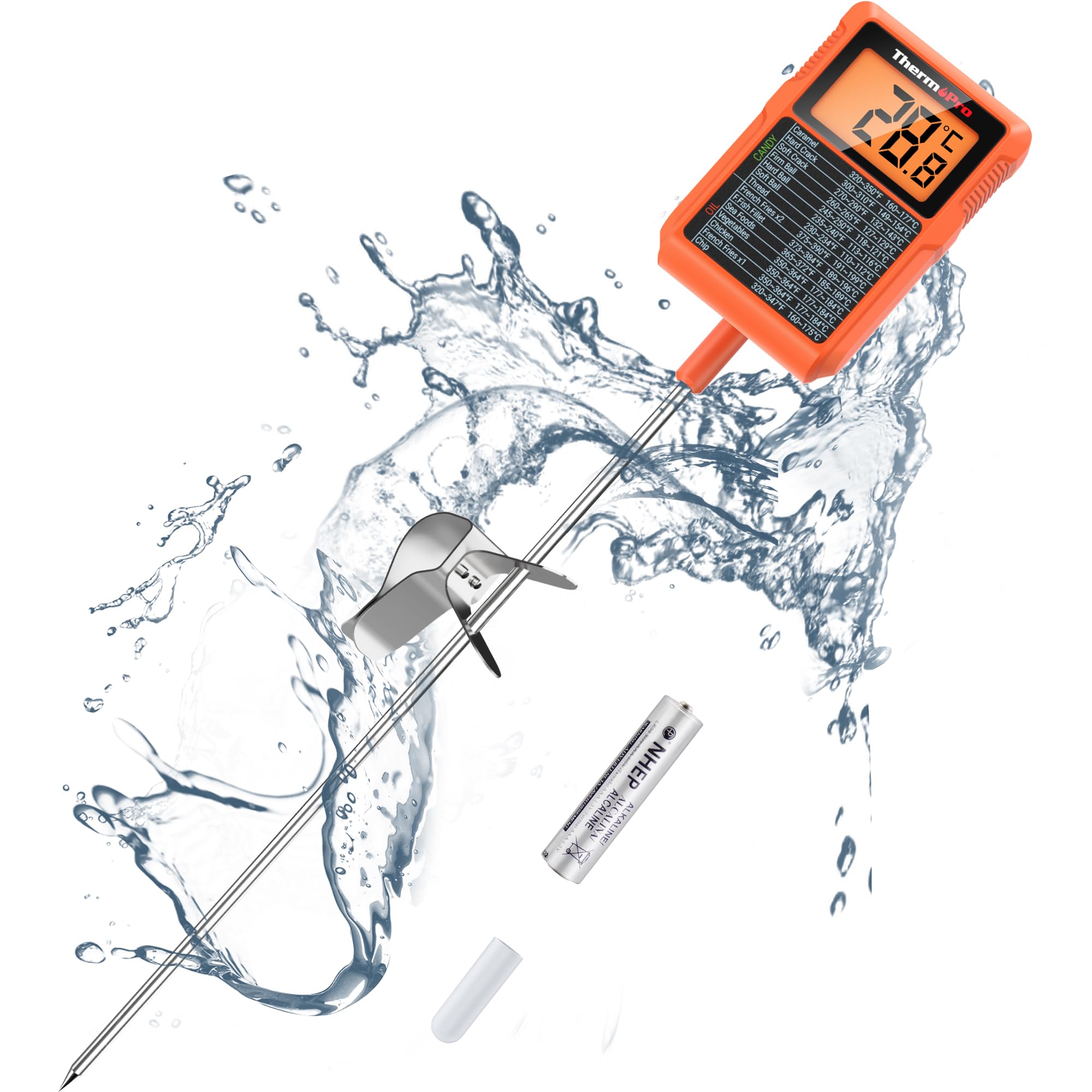 ThermoPro Fleischthermometer Grillthermometer mit 20CM Langer Sonde Zuckerthermometer mit Topfclip Bratenthermometer Digital Wasserdichtes Küchenthermometer für Flüssigkeit Öl Milch Schokolade TP510