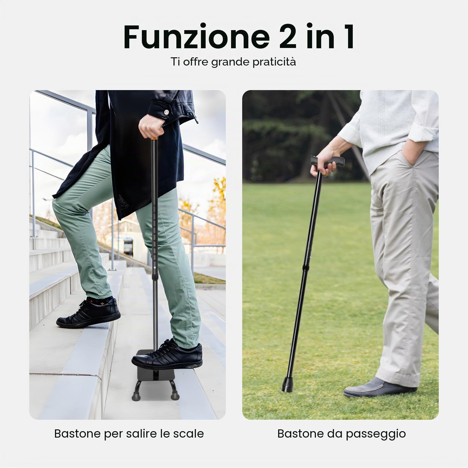 Bastone ausiliario per salire le scale, sollevatore per scale, altezza regolabile 85-105 cm, con piedini in gomma, per evitare fino a 150 kg, colore: nero