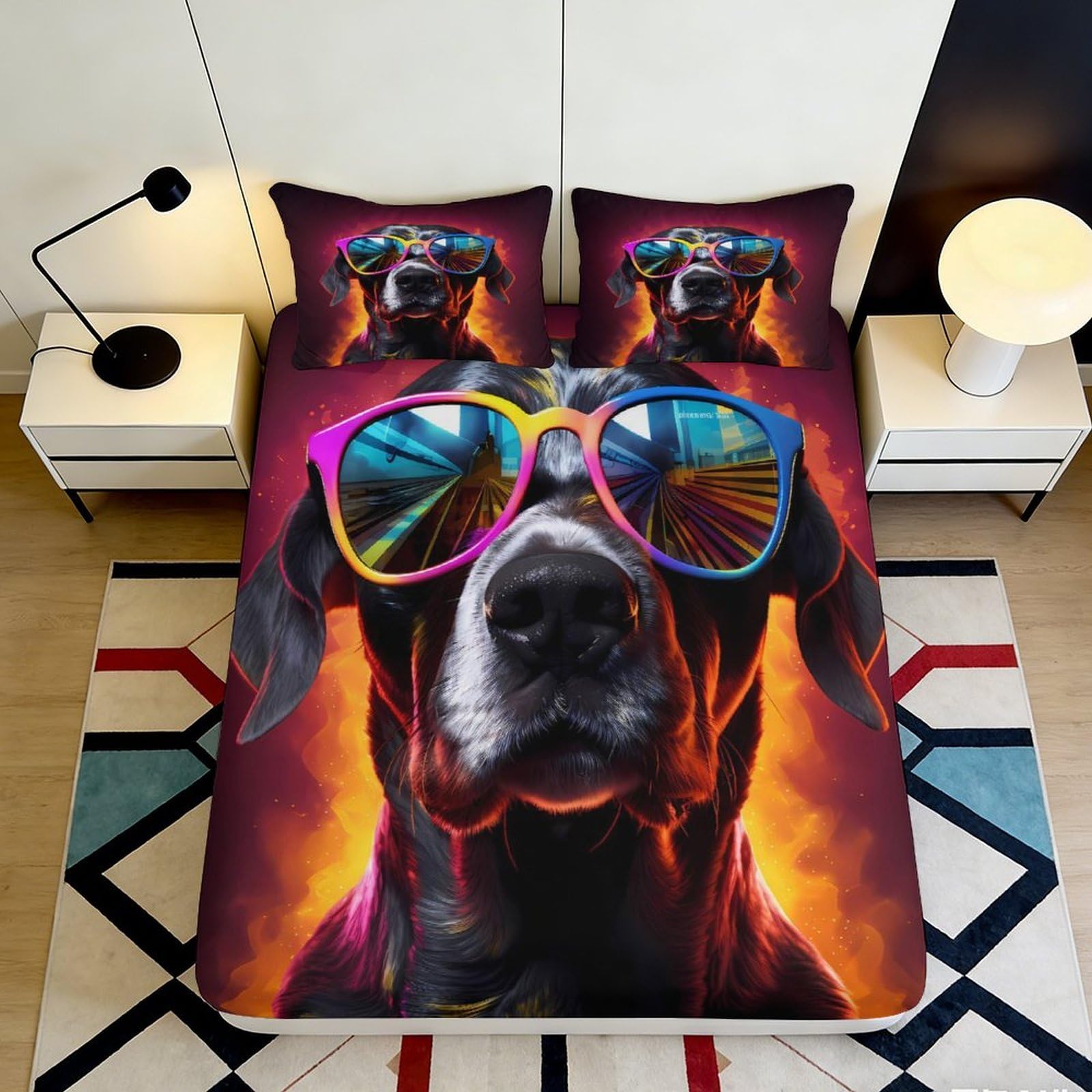 3D Printed Cool Dog Sunglasses Fitted Sheet Microfiber Soft Breathable Colorful Bed Cover for Bedroom Dormitory Guest Room Mattress Protection 160x200x25cm