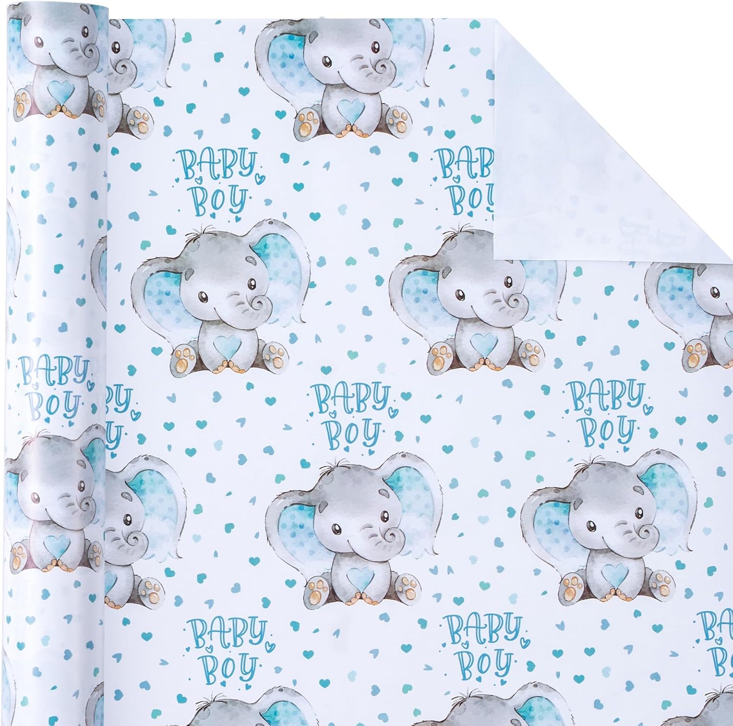 WRAPAHOLIC 30 Inch Baby Boy Wrapping Paper - 30 Inch x 33 Feet - Adorable Blue Elephant Design for Baby Shower, Party, Holiday