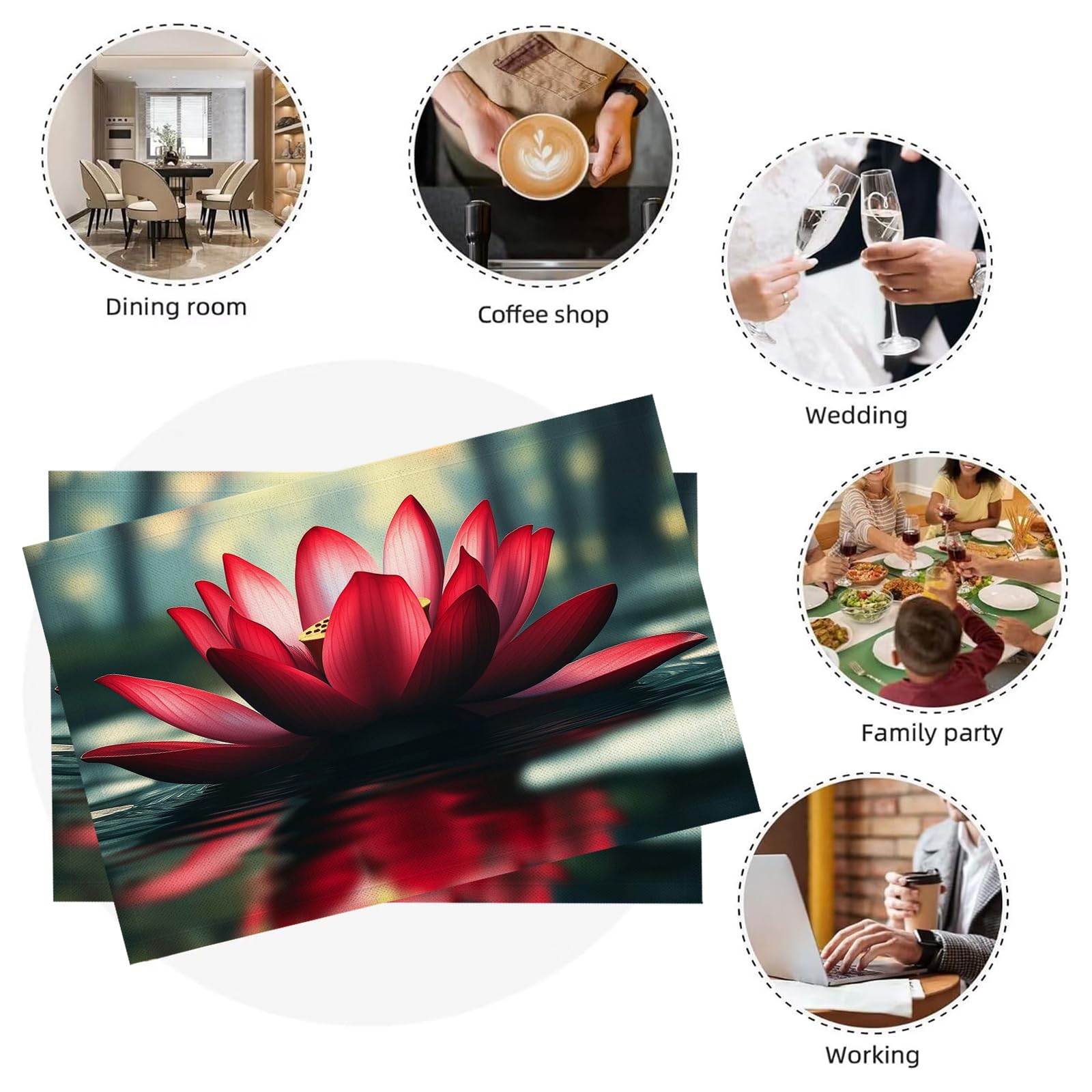 Set di 8 Tovagliette Americane Lavabili Cotone Lino Paesaggio - Tovaglietta Americana Resistenti al Calore Durevole Loto rosso - per Colazione Pranzo 30×45 cm