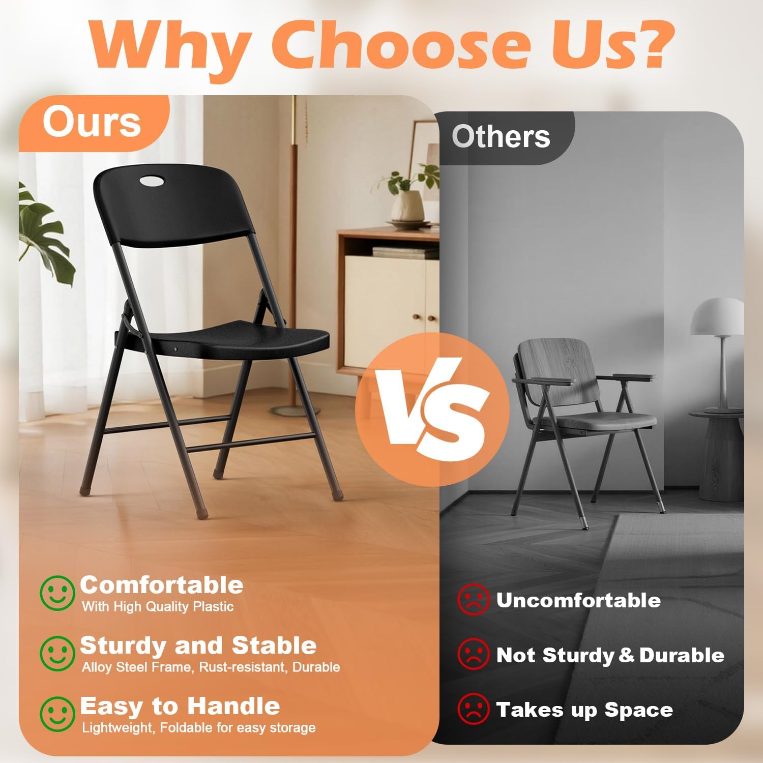 VTOY Heavy Duty Folding Chairs, 450 lbs Capacity Stackable Plastic Chairs, Durable & Comfortable for Indoor Outdoor, Wedding, Party, Patio, Office (Black 2 Pack)