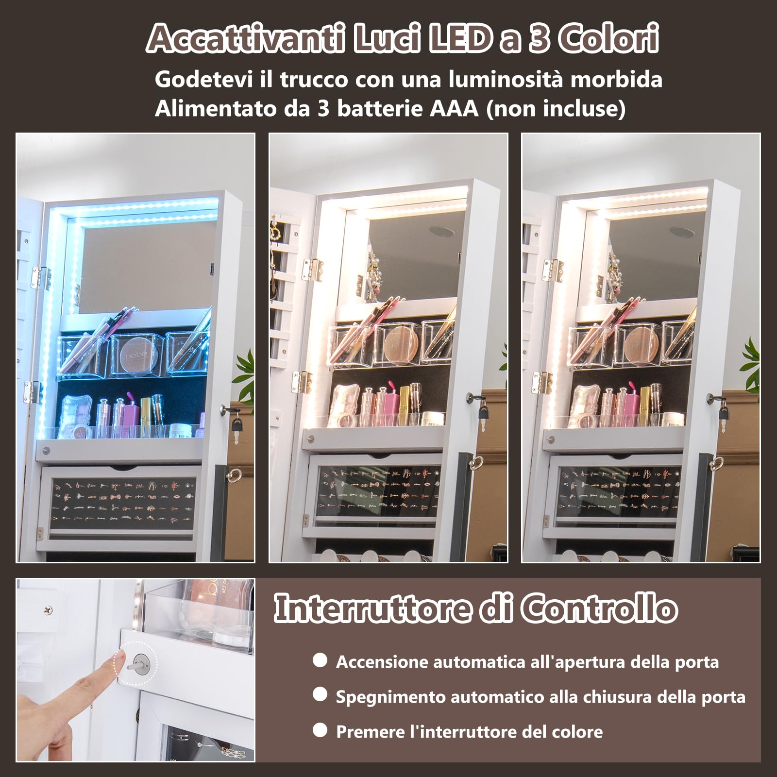 Armadietto Portagioie Con Specchio E Luci LED - In Legno Con 108 Slot Per Orecchini | Sospeso O Da Parete